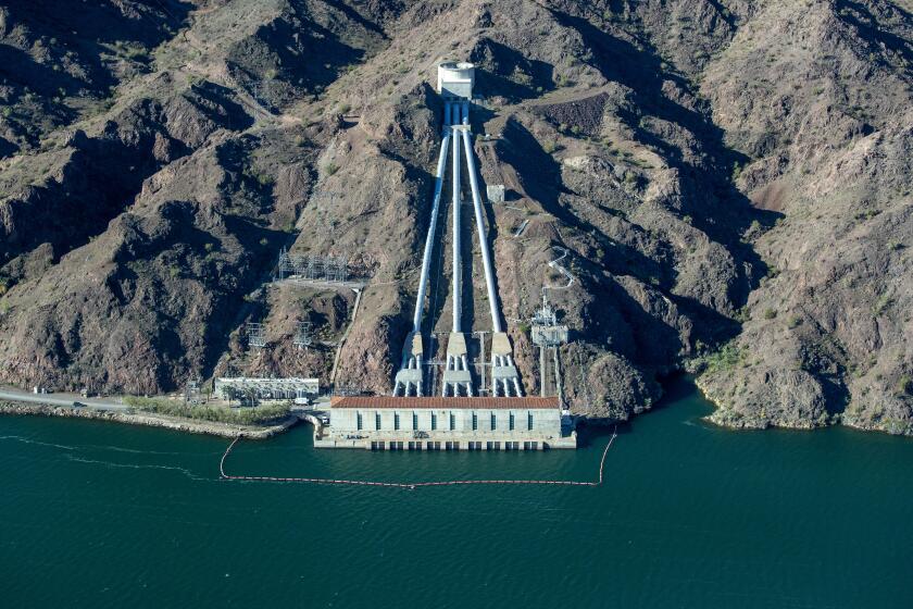LAKE HAVASU, CA - APRIL 04: W.P. Whitsett Intake Pumping Plant is the starting point of the Colorado River Aqueduct supply and lifts water out of Lake Havasu 291 feet, from an elevation of 450 feet above sea level to 741 feet Tuesday, April 4, 2023 in Lake Havasu, CA. (Brian van der Brug / Los Angeles Times)