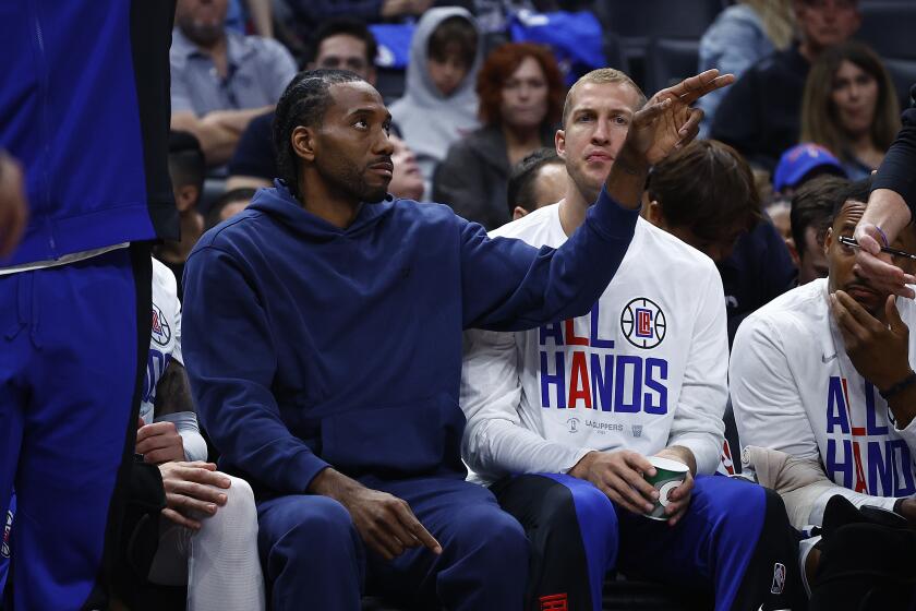 LOS ANGELES, CALIFORNIA - APRIL 21: Kawhi Leonard #2 of the LA Clippers on the bench.