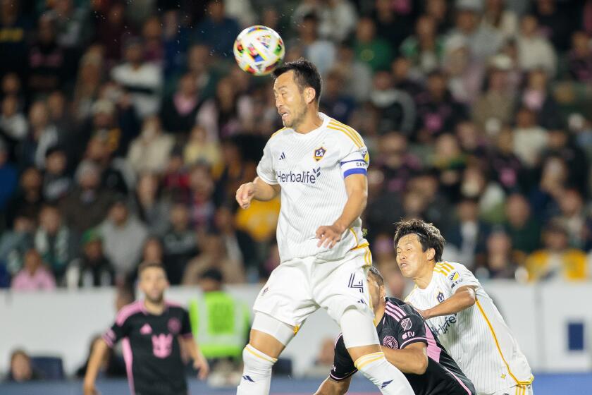 CARSON, CA - FEBRUARY 25: Maya Yoshida #4 of the LA Galaxy headers a ball.