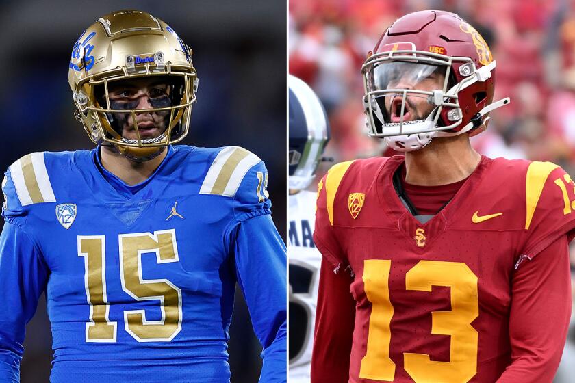 UCLA's Laiatu Latu, left, and USC's Caleb Williams