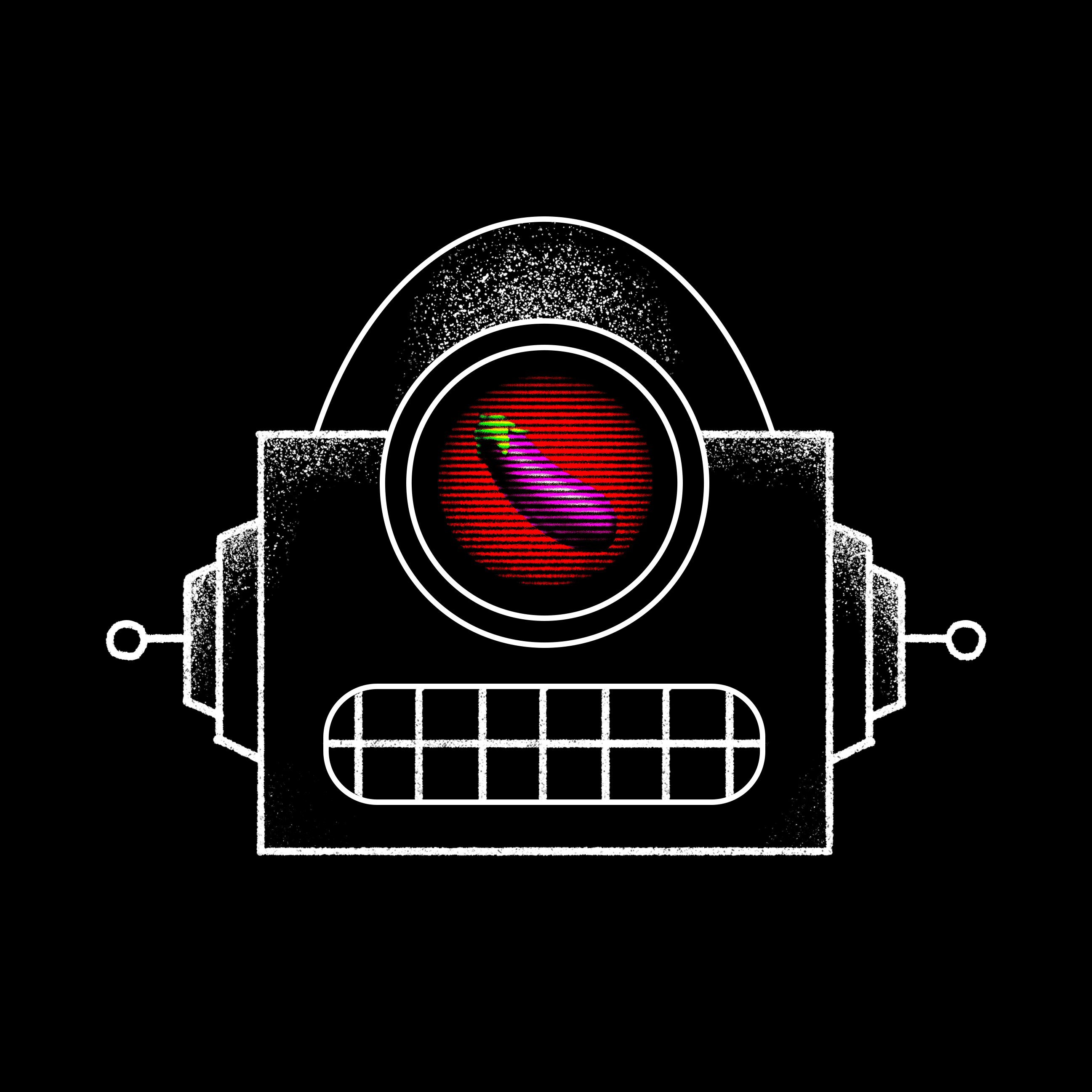 Illustration of a robot head with a color shifting emoji of an eggplant on its eye lens.