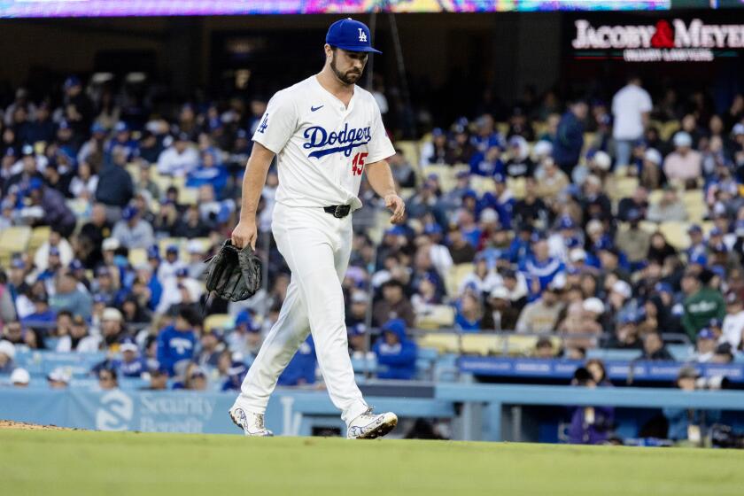 LOS ANGELES, CA - APRIL 14, 2024: Los Angeles Dodgers pitcher J.P. Feyereisen (45) leaves the game.