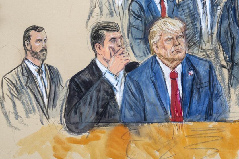 FILE - This artist sketch depicts former President Donald Trump, right, conferring with defense lawyer Todd Blanche, center, during his appearance at the Federal Courthouse in Washington, Thursday, Aug. 3, 2023. Special Prosecutor Jack Smith sits at left. A judge on Monday, Aug. 28, set a March 4, 2024, trial date for Trump in the federal case in Washington charging the former president with trying to overturn the results of the 2020 election, rejecting a defense request to push back the case by years. (Dana Verkouteren via AP, File)