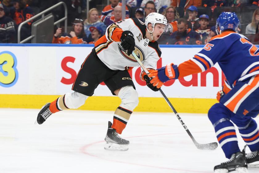 EDMONTON, CANADA - MARCH 30: Urho Vaakanainen #5 of the Anaheim Ducks shoots.