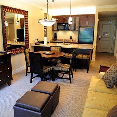 Hotel room with a kitchen.
