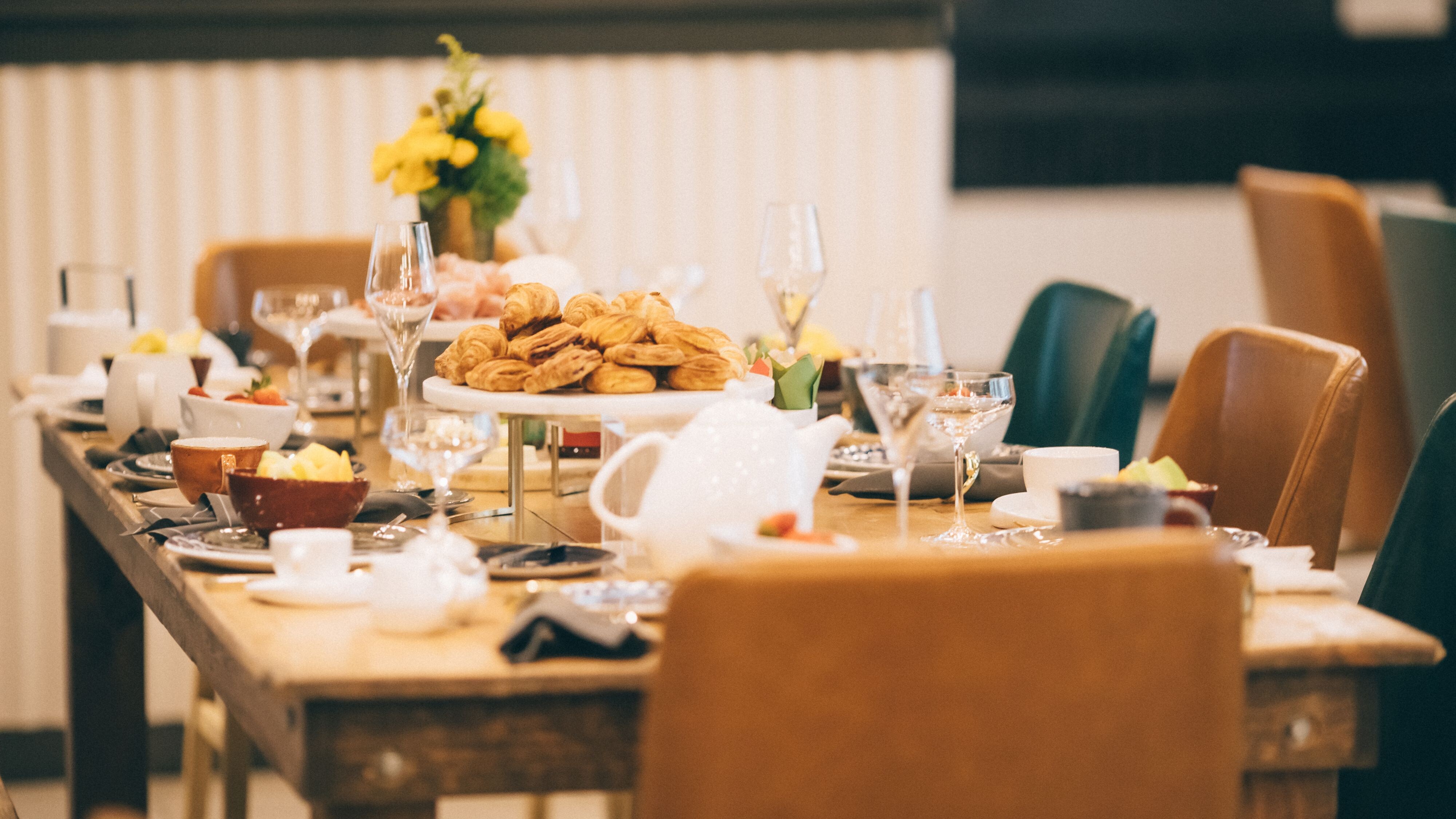 Social event food & beverage setup on a long table