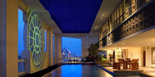 Pool overlooking city at night