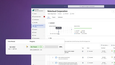 Viva Goals でのオーバーレイ。設定された KPI の進捗の追跡が表示されています。