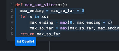 A screenshot of a block of code with a Copilot button overlaid
