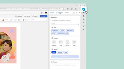 トピックについて書き込み、長さとトーンを選択するよう求めるプロンプトが表示された、Edge の Copilot 内の [作成] タブのスクリーンショット