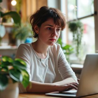 Woman looking concerned at laptop