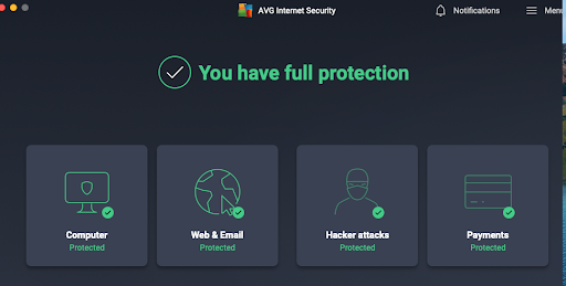 The main interface for AVG AntiVirus on a mac.