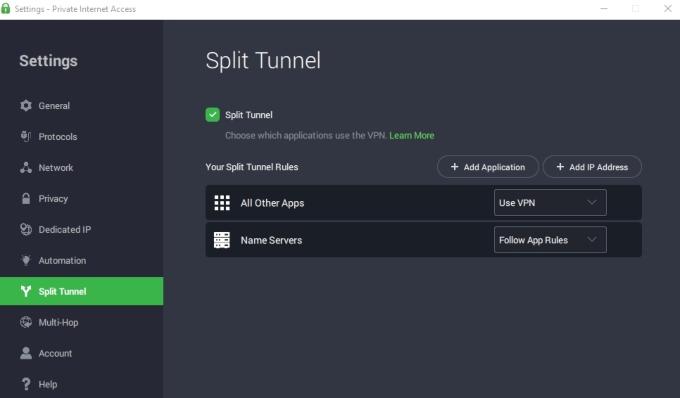 PIA also offers a split tunneling feature that allows you to whitelist certain apps so they don't have to use the VPN connection.