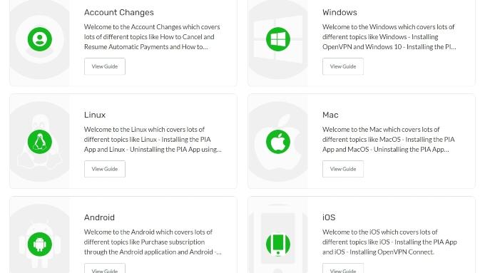 You can select your device type or the category of PIA guides you want to view in the support portal.