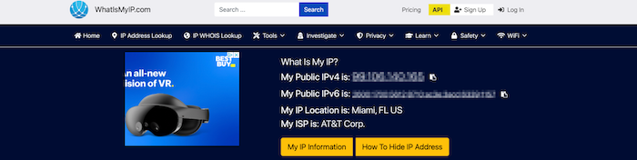 If your VPN is working, you should see an IP address for the VPN server you're connected to rather than your public IP address.