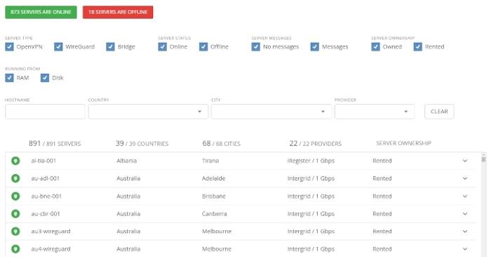 Mullvad's server page lets you filter to see which servers are rented versus owned, as well as which servers are RAM or disk.