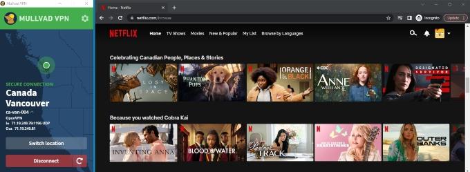 We had no problem unblocking Canadian Netflix content with Mullvad.