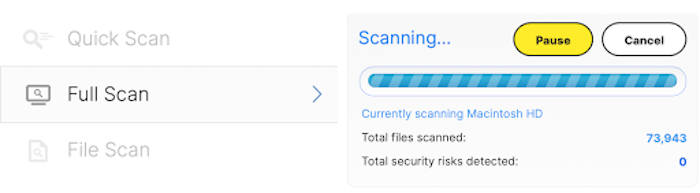 The Norton full scan took less than 10 minutes to analyze more than 600,000 files on our MacBook.