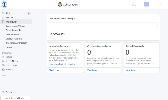 1Password's Watchtower feature with its password strength report.