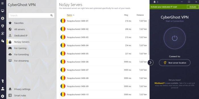 A list of CyberGhost's secured servers in its Romania headquarters