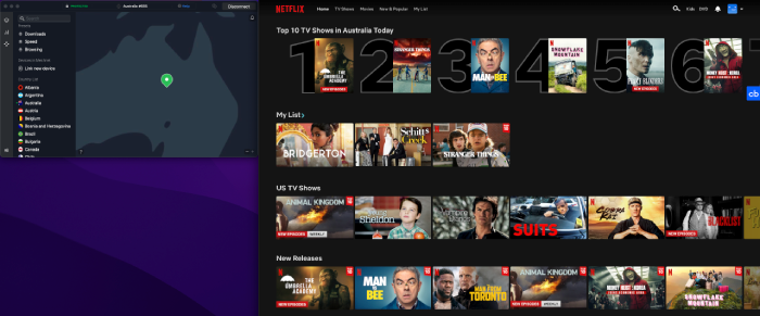 NordVPN connected to an AU server while streaming Netflix.