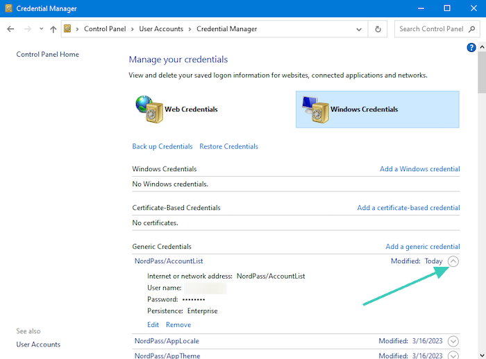 Choose between Web Credentials and Windows Credentials, then click the down arrow to the right of the account you want to view.