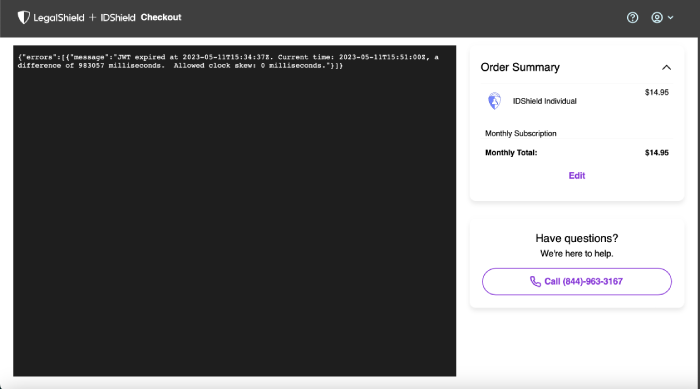 IDShield website error page.