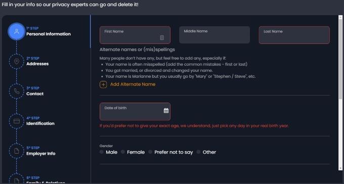 The DeleteMe sign-up process, which asks for your preferred personal information.