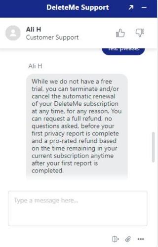 A chat with DeleteMe customer support.