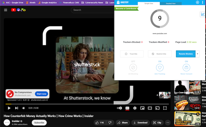 With Ghostery turned off, we had to sit through YouTube ads.