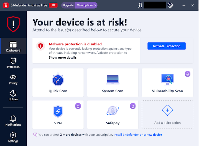 Screenshot of Bitdefender Antivirus Free dashboard showing your device is at risk messages.