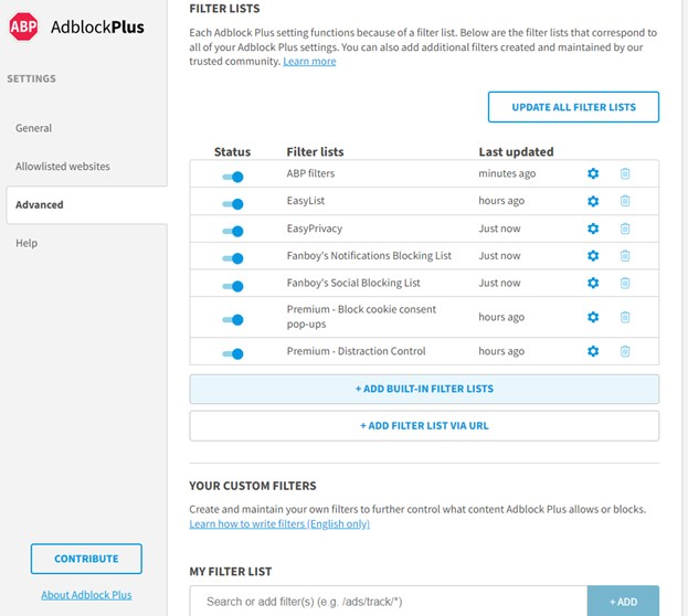 Adblock Plus customer filter lists