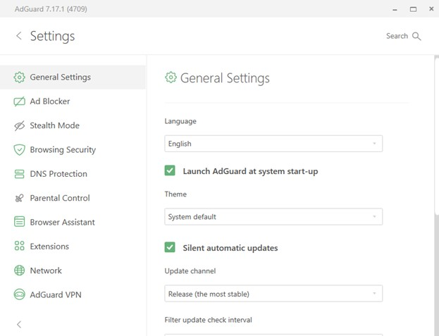 AdGuard Settings dashboard on PC