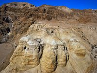 The caves of Qumran on the northwestern shore of the Dead Sea, in the West Bank. The site of the caves where the Dead Sea Scrolls were first discovered in 1947.