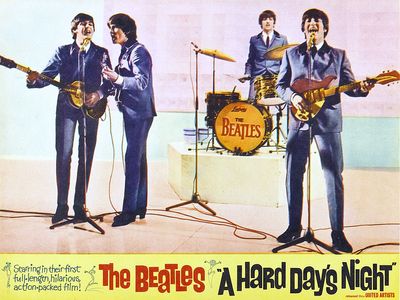 the Beatles. Rock and film. Publicity still from A Hard Day's Night (1964) directed by Richard Lester starring The Beatles (John Lennon, Paul McCartney, George Harrison and Ringo Starr) a British musical quartet. rock music movie