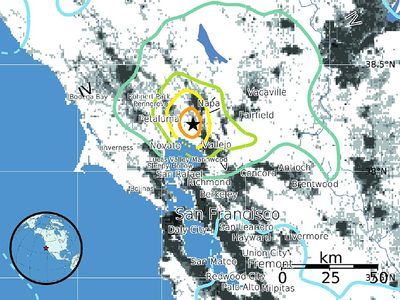 Maps of Magnitude 6.0 (M6.0) August 24, 2014 South Napa California Earthquake. Earthquake lies within a 70-km-wide (44 miles) set of major faults of the San Andreas Fault system. tectonic plates, San Francisco, Napa Valley Earthquake