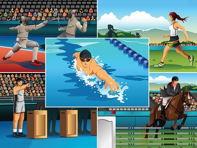 A vector illustration of modern pentathlon sport for sport competition series. Fencing, running, swimming, shooting, horse racing, equestrian