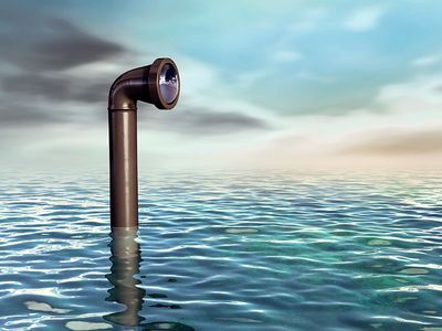 Submarine periscope emerging from a water surface. Digital illustration.