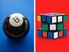 (Left) Ball of predictions with answers to questions based on the Magic 8 Ball; (right): Rubik's Cube. (toys)