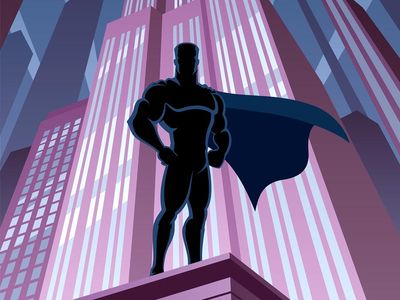 Illustration of muscular man on purple building wearing cape. cartoon superhero comic book costume similar to superman action hero silhouette