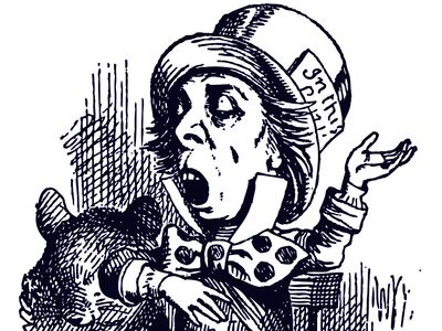 Hatter engaging in rhetoric illustration 26. by Sir John Tenniel for Alice's Adventures in Wonderland (1865). Alice in Wonderland by British author Lewis Carroll. Cropped from source file asset 166534/ic code bolse1690 Mad Hatter tea party