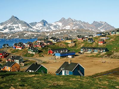 Soccer (football) field in village in Greenland (mountains, Kitaa, Sisimiut, Kulusuk)