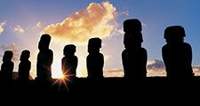 Panoramic view at sunrise of moai, Ahu Tongariki, Easter Island (Rapa Nui), Chile