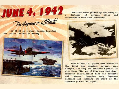 Battle of Midway. Midway Islands. Battle of Midway Poster commemorating June 4, 1942 "The Japanese Attack." U.S. Navy effectively destroyed Japan's naval strength sunk 4 aircraft carriers. Considered 1 of the most important naval battles of World War II