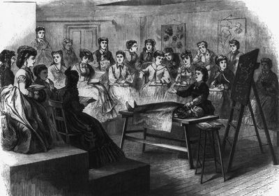The Woman's Medical College of the New York Infirmary - women medical students attend lecture with instructor dissecting a cadaver in anatomy class at the college founded by Dr. Elizabeth Blackwell and sister Dr. Emily Blackwell. From Frank Leslie's Illustration.