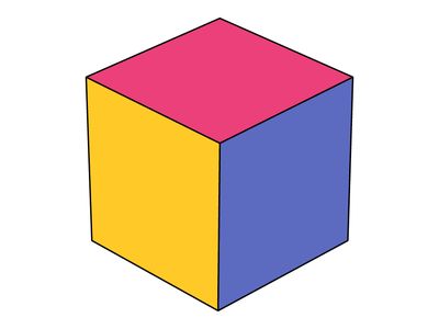 Cube, one of the five Platonic solids. A cube is a polyhedron with six faces, all of which are squares.