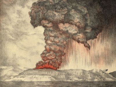 Color lithograph of the eruption of Krakatoa (Krakatau) volcano, Indonesia, 1883; from the Royal Society, The Eruption of Krakatoa and Subsequent Phenomena (1888). (earth sciences, volcanism)