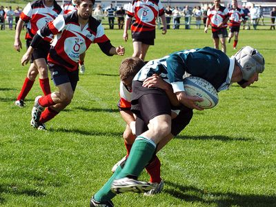 Rugby players on team, France.