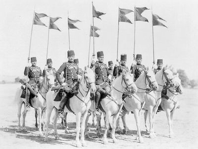 Squadron of soldiers of the Ertugrul Cavalry Regiment of the Imperial Guard of Abdulhamid II of the Ottoman Empire in Constantinople, now Istanbul, Turkey.