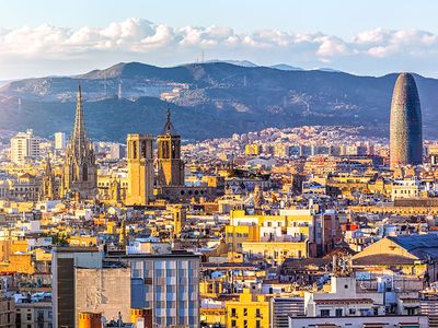 Skyline Barcelona at sunset, Spain